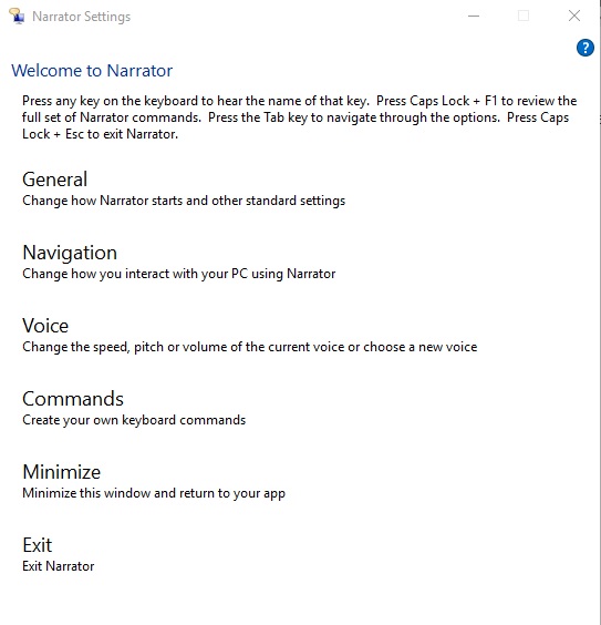Windows 10 Narrator Settings