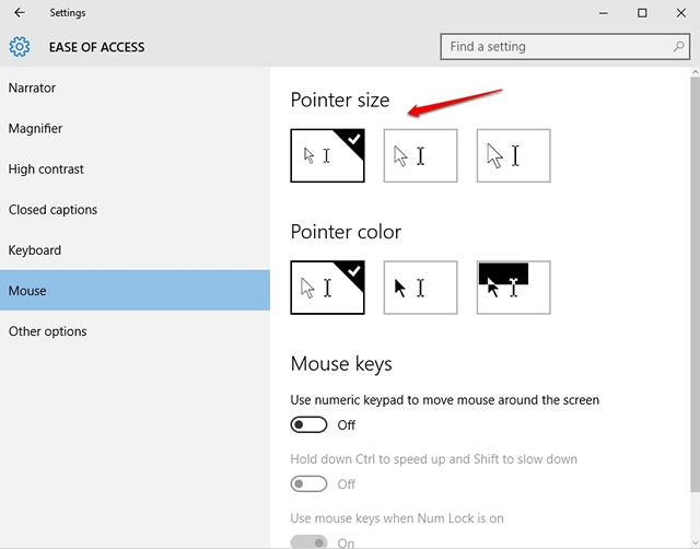 Windows 10 Pointer size