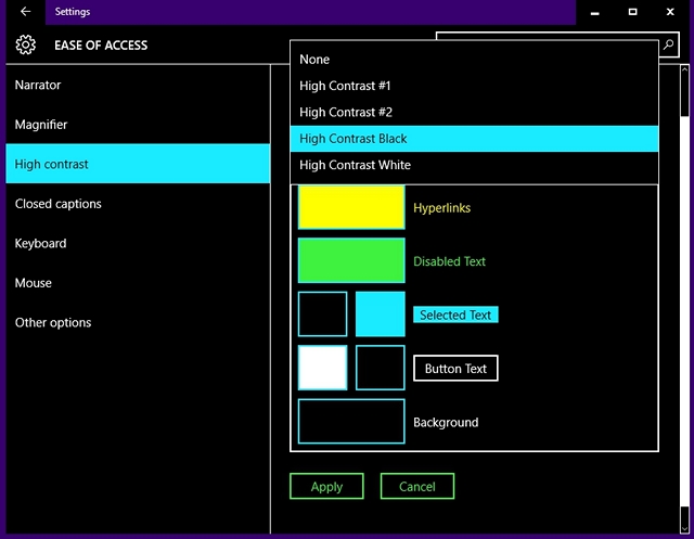 Windows 10 high contrast themes