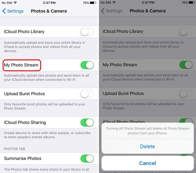 iPhone disable Photo Stream