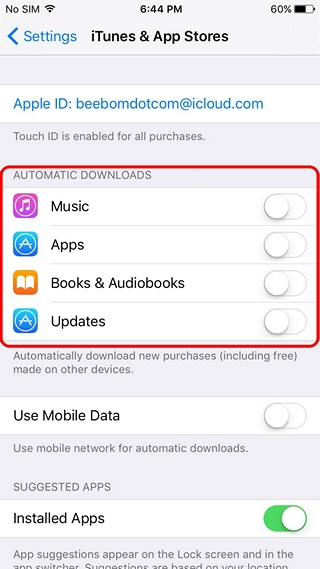iPhone disable auto downloads