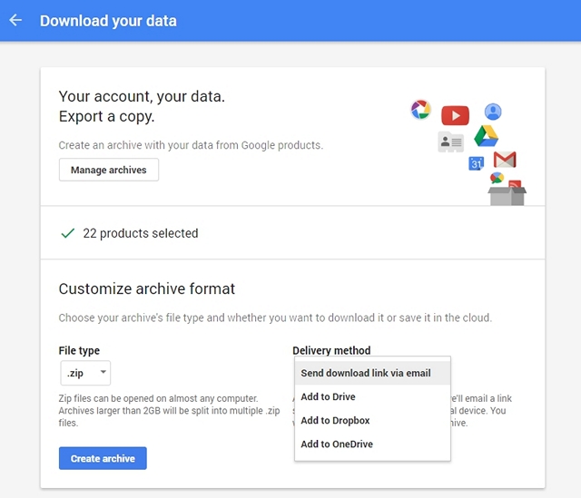 Google Account Data Download file type