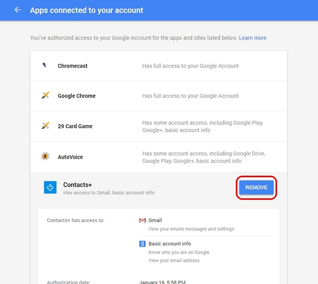 Google Account authorised apps