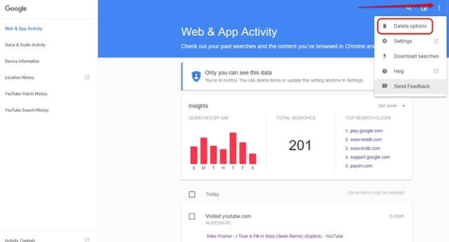 google web and search activity