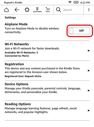  Página de configuración de Kindle