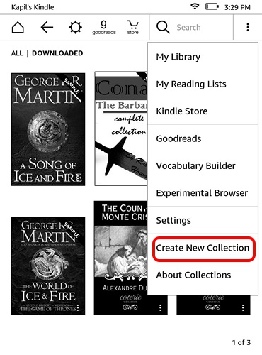 Kindle homepage menu button