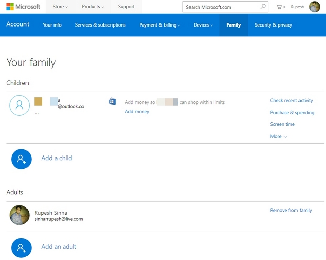 Microsoft Family Page