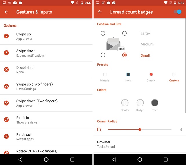 Nova Settings Gestures and Unread badges