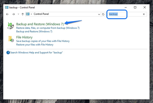 Windows 10 Control Panel search backup and restore