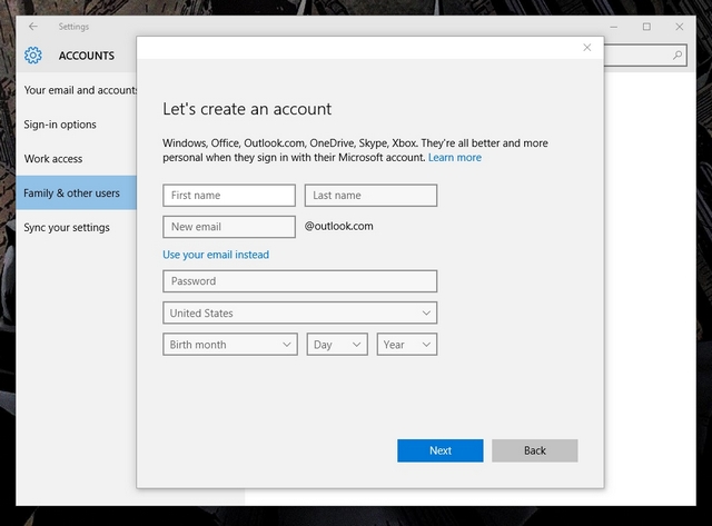 Windows 10 Create Child Account