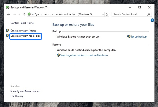 Windows 10 Create System Repair Disk