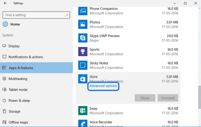 Windows 10 apps advanced options