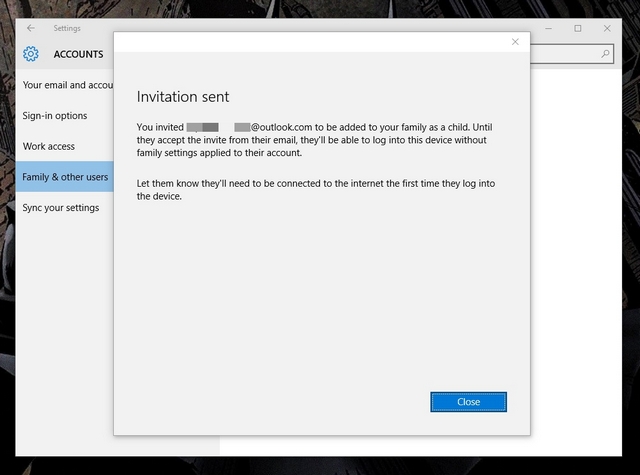 Windows 10 child account invitation sent