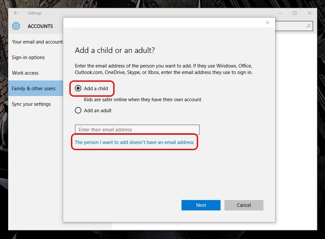 Windows 10 child account