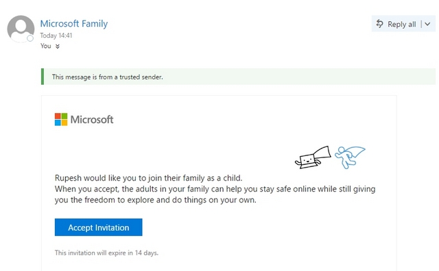 Windows 10 child invitation mail