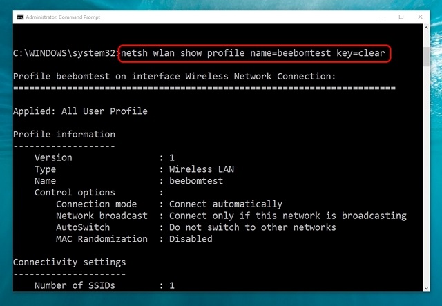Windows 10 command get WiFi network details
