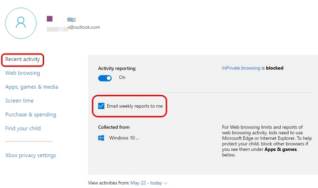 Windows 10 parental controls recent activity