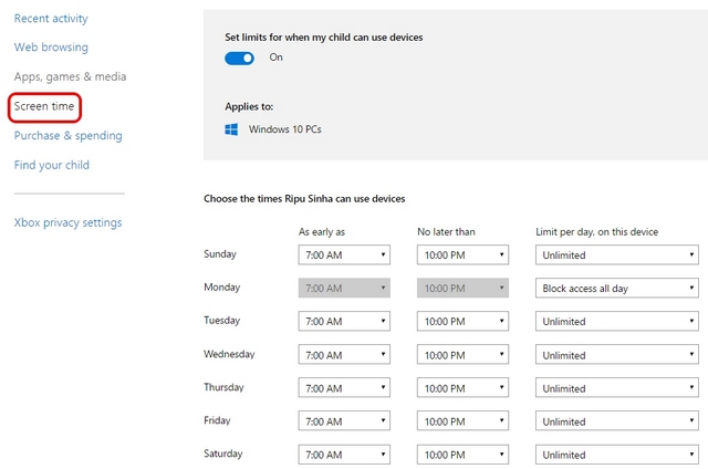 Windows 10 parental controls screen time