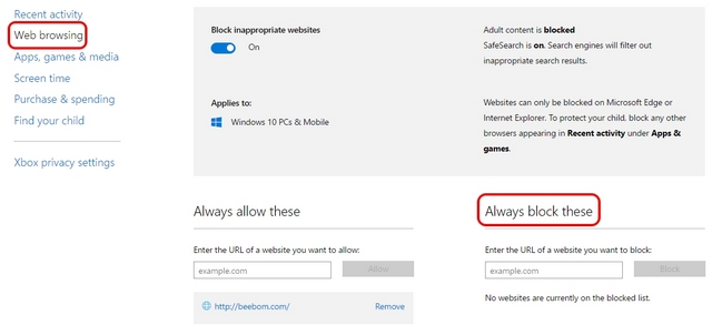 Windows 10 parental controls web browsing