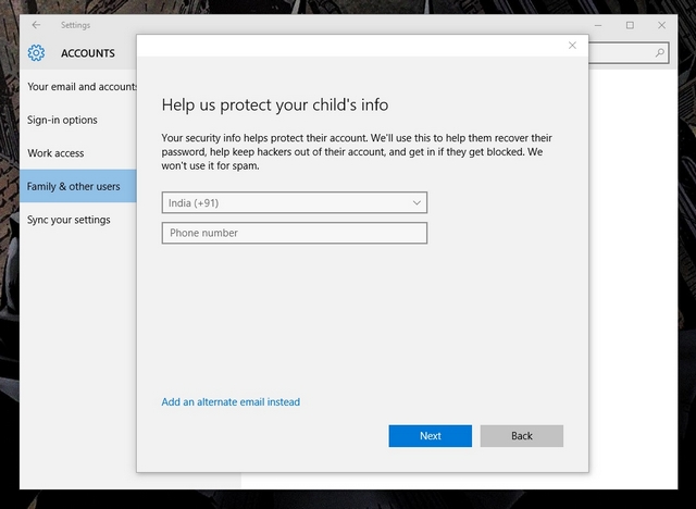 Windows 10 protect child info