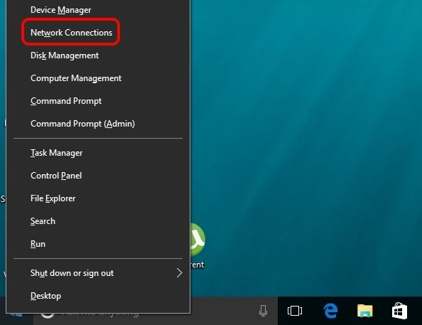Windows 10-Startmenü Klicken Sie mit der rechten Maustaste auf Netzwerkverbindungen