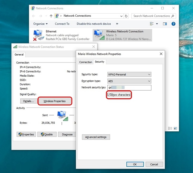 In Windows 10 wird das gespeicherte Kennwort des aktuellen WLAN-Netzwerks angezeigt