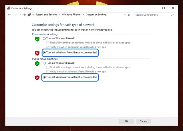 Windows Firewall turn off