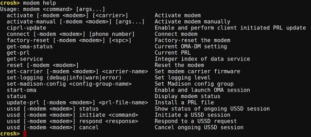 Chrome OS Crosh modem help command