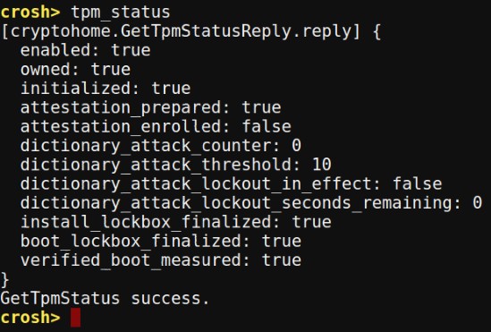 Chrome OS Crosh tpm status command