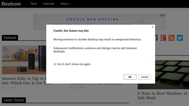 Chrome OS verschiebt Fenster zwischen Benutzerwarnung