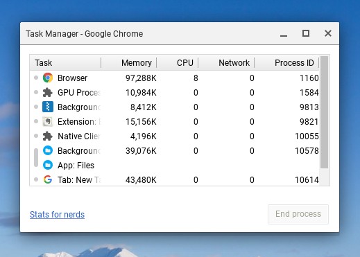 Chrome OS task manager open