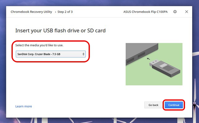 Chromebook Recovery Utility select USB