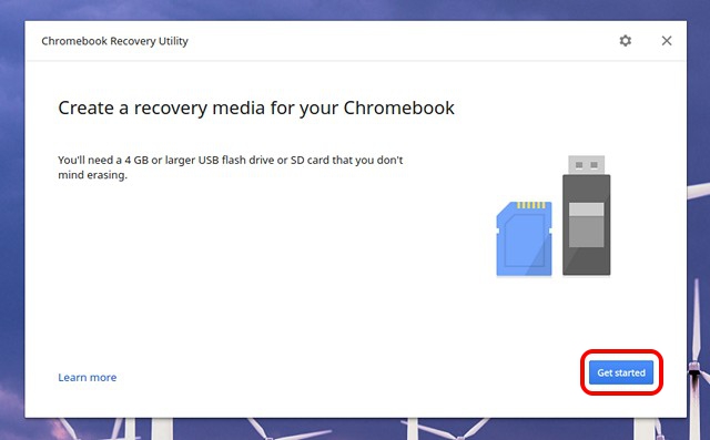 Chromebook Recovery Utility start