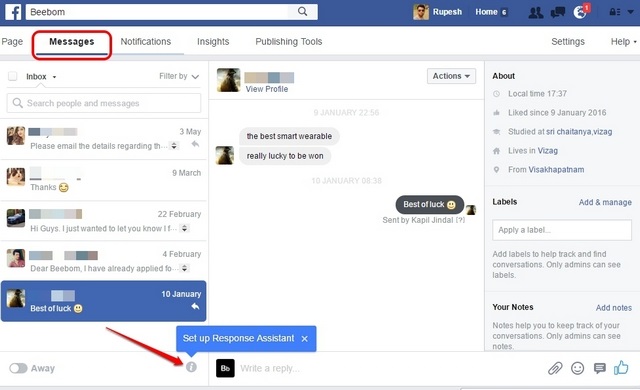 Facebook Page set up response assistant