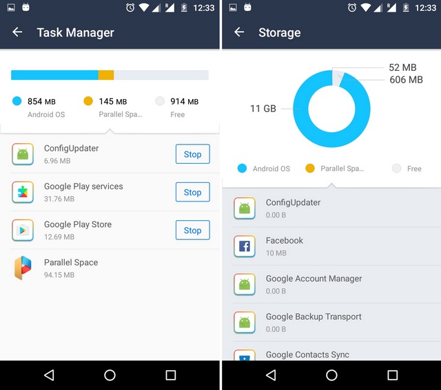Parallel Space task manager and storage