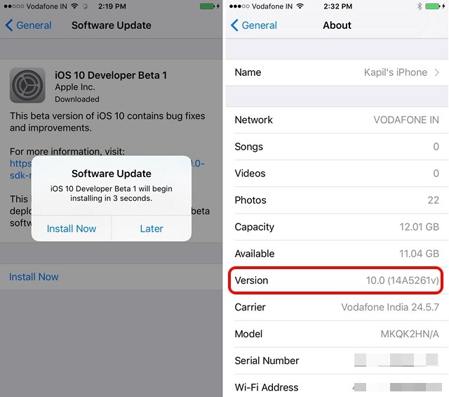 iOS 10 beta 1 installed iPhone