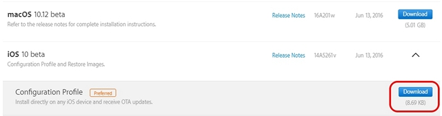 iOS 10 beta configuration file for OTA