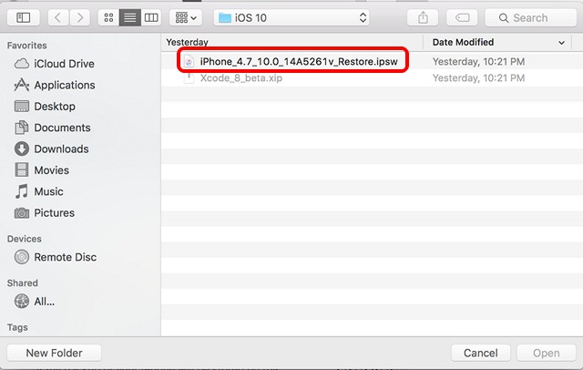 iOS 10 beta restore image install