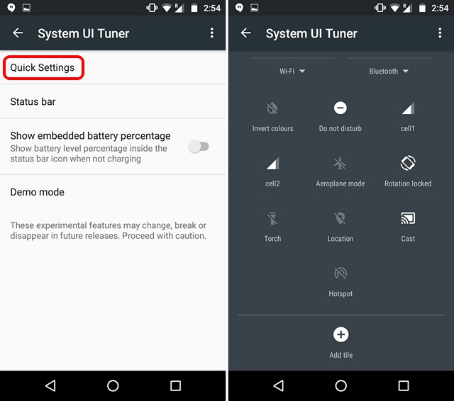 Android N quick settings