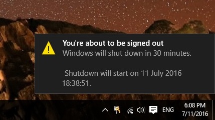 Auto shutdown Windows 10 PC notification