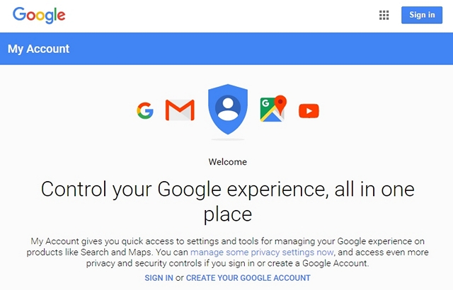 Google My Account page sign in