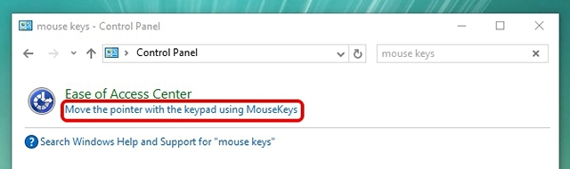 Windows search control panel mouse keys