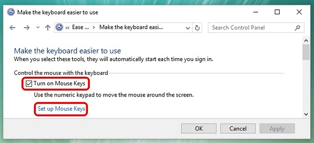 Windows turn on mouse keys in control panel