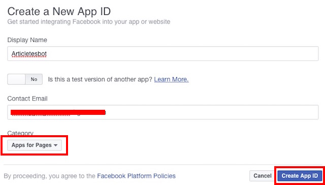 facebook messenger bot create app id