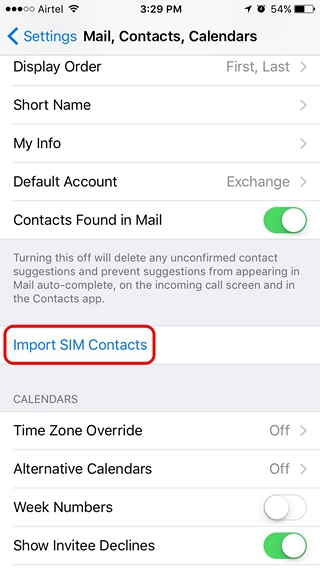 iOS import SIM contacts
