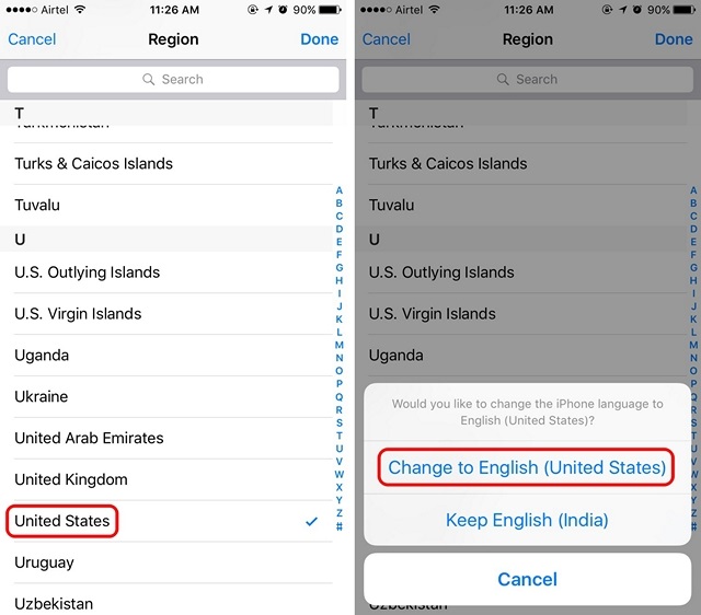 iPhone change region