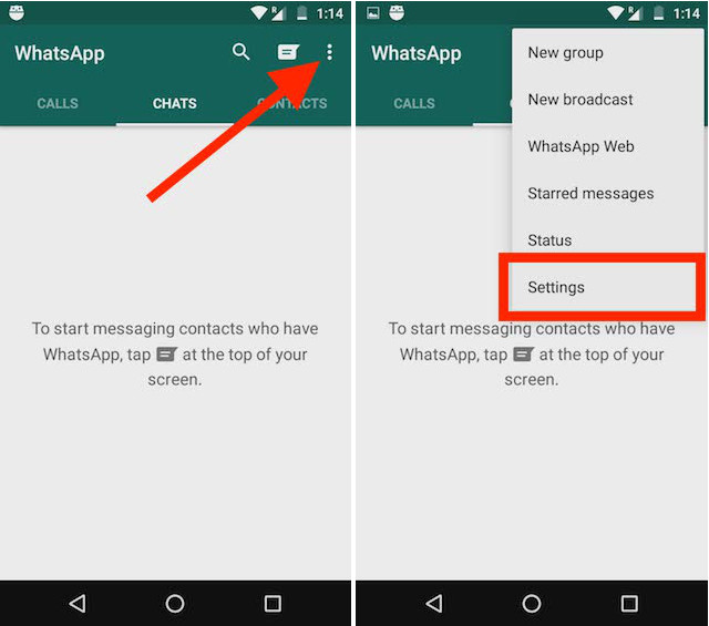 WhatsApp Data Sharing with Facebook 3 dots to settings