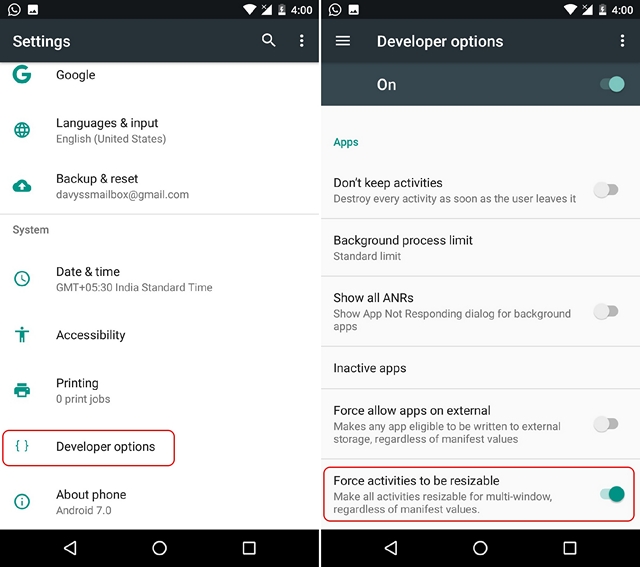 Android Nougat Force-Aktivitäten können in der Größe geändert werden