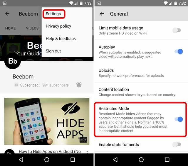 Enable YouTube Restricted Mode Android