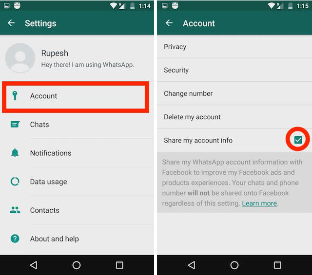 WhatsApp Data Sharing with Facebook account to checkbox